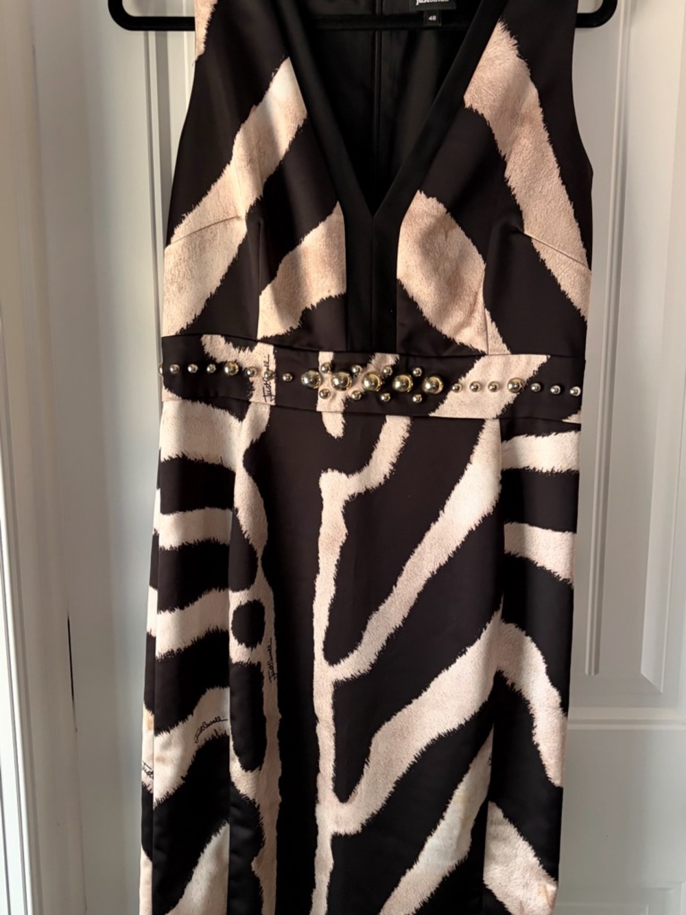 Just Cavalli Black and Beige Zebra-Print Midi Dress with Studded Waist